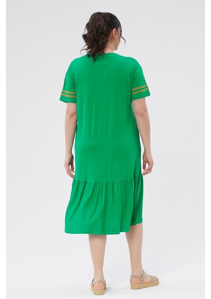 Kadın Büyük Beden Pileli Nakış Detay Yeşil Elbise indirimleri