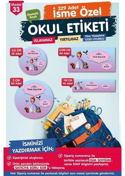 Okul Etiketi Prenses Sofia Kalem Defter Etiketi Özel Isim Yazılabilen Etiket Seti - Isim ETIKETI-T562-OE33