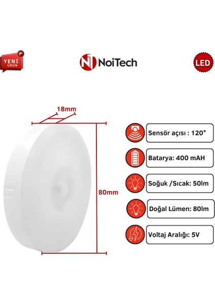 Hareket Sensörlü 8 Ledli Dahili Bataryalı LED Işık 6000K Beyaz