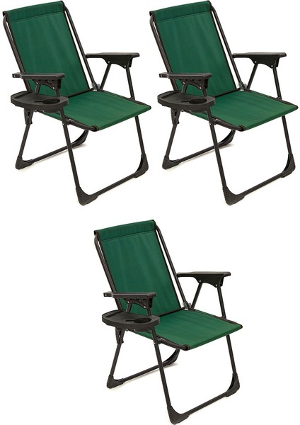 3 Adet Kamp Sandalyesi Katlanır Piknik Sandalye Oval Bardaklıklı Yeşil