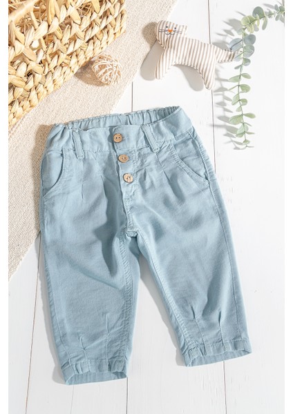 Düğmeli Beli Lastikli Erkek Bebek Keten Pantolon