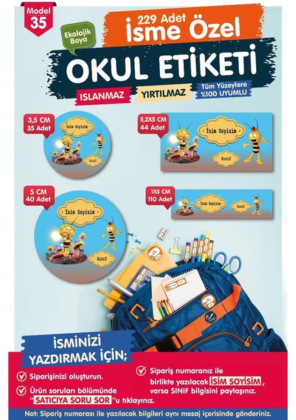 Okul Etiketi Kalem Defter Etiketi Özel Isim Yazılabilen Etiket Seti - Isim ETIKETI-T541-OE35