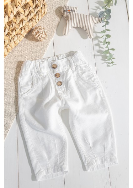 Düğmeli Beli Lastikli Erkek Bebek Keten Pantolon