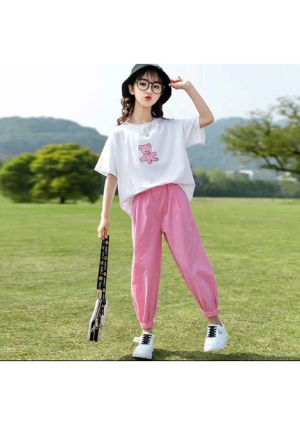 Özel Tasarım Pembe Ayıcık Baskılı %100 Pamuk Kısa Kollu Yazlık Şık Kız Çocuk Eşofman Takımı