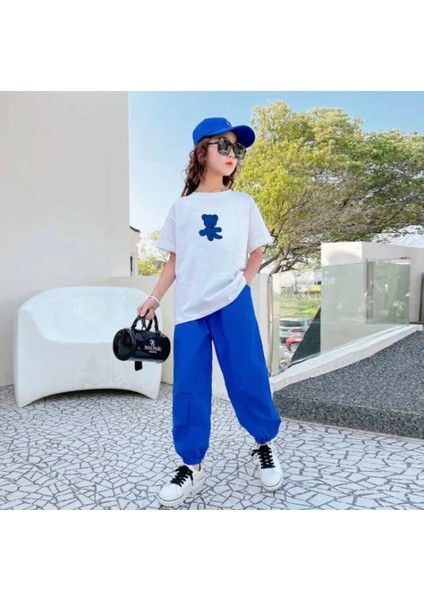 Özel Tasarım Mavi Ayıcık Baskılı Pamuk Kısa Kollu Yazlık Kız Çocuk Şık Eşofman Takımı