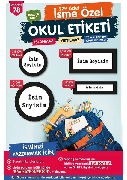 Tuğset Etiket Okul Etiketi Kalem Defter Etiketi Özel Isim Yazılabilen Etiket Seti - Isim Etiketi