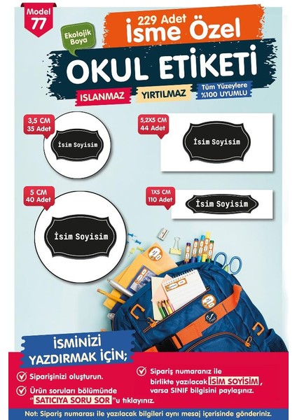 Tuğset Etiket Okul Etiketi Kalem Defter Etiketi Özel Isim Yazılabilen Etiket Seti - Isim Etiketi