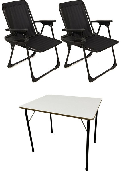 2 Adet Kamp Sandalyesi Katlanır Piknik Sandalye Oval Bardaklıklı Siyah + MDF Masa