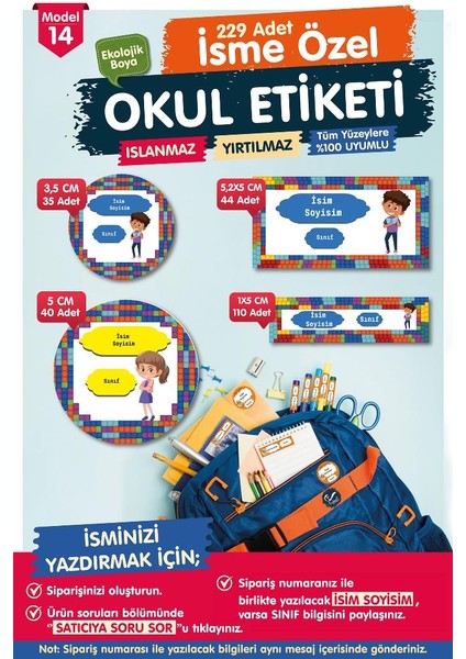 Okul Etiketi Kalem Defter Etiketi Özel Isim Yazılabilen Etiket- Isim Etiketi