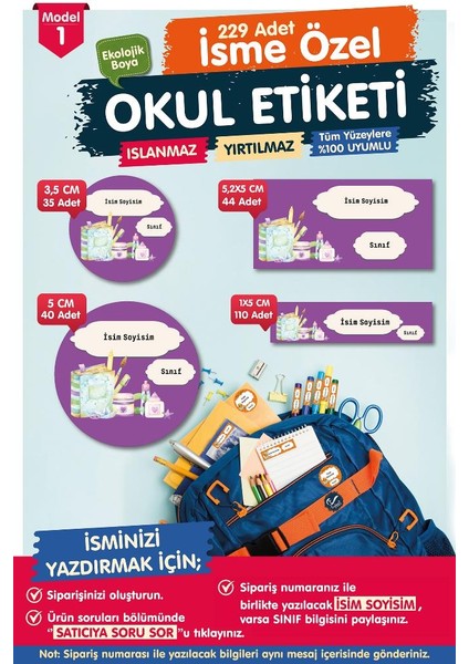 Okul Etiketi Kalem Defter Etiketi Özel Isim Yazılabilen Etiket- Isim Etiketi