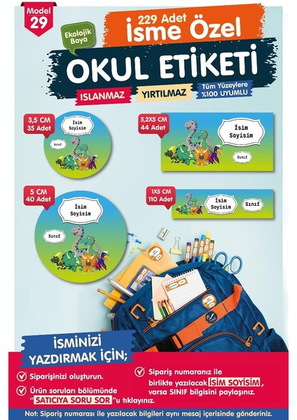 Okul Etiketi Kalem Defter Etiketi Özel Isim Yazılabilen Etiket- Isim Etiketi