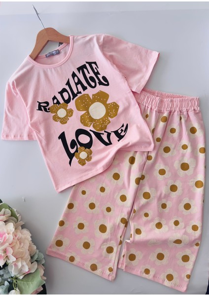Love Papatya Baskılı Samuray Pantolonlu kız takım - Pembe