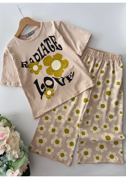 Love Papatya Baskılı Samuray Pantolonlu kız takım - Vizon