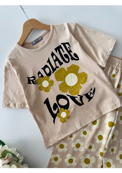 Love Papatya Baskılı Samuray Pantolonlu kız takım - Vizon fiyatları