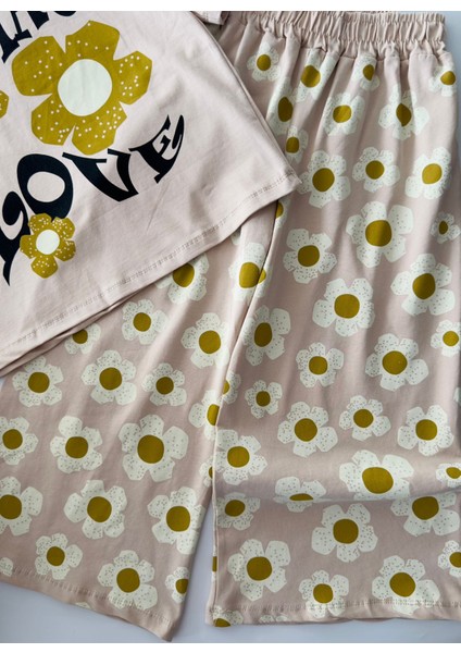 Love Papatya Baskılı Samuray Pantolonlu kız takım - Vizon modelleri