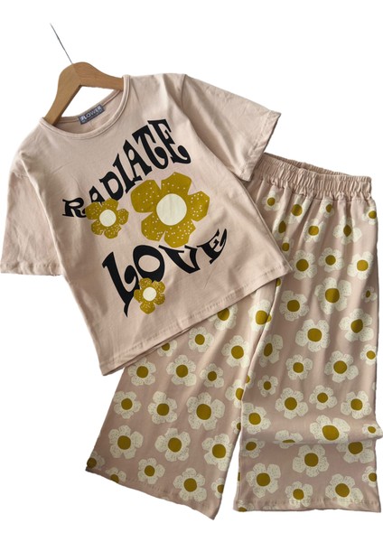 Love Papatya Baskılı Samuray Pantolonlu kız takım - Vizon fırsatları