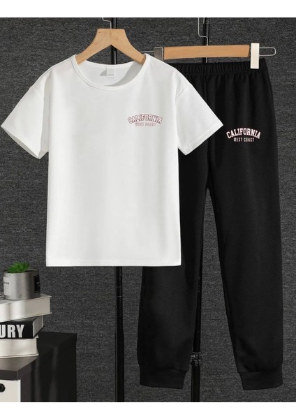 Özel Tasarım California Baskılı Pamuk Kısa Kollu Yazlık Trend Kız Çocuk Eşofman Takımı