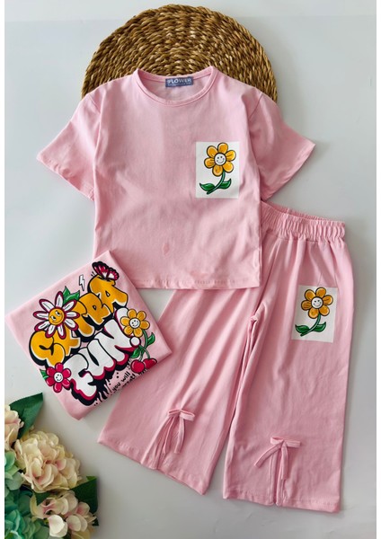 Fun Arka ve Ön Baskılı Yırtmaç Detaylı 2 li takım - Pembe