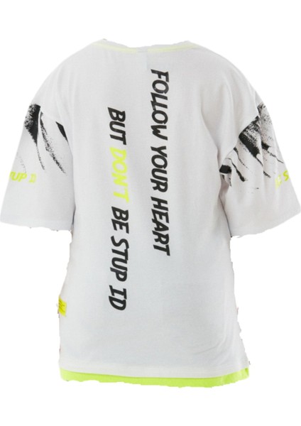 Erkek Çocuk Çift Taraf Follow Yazı Desenli Likralı Oversize Beyaz Renk Tişört fiyatları