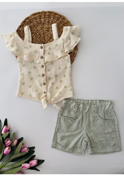 Kayık Yaka Kalp Desenli Müslin Şortlu takım - Yeşil