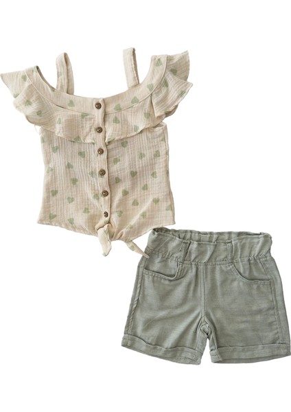 Kayık Yaka Kalp Desenli Müslin Şortlu takım - Yeşil fiyatları