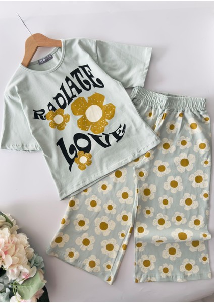 Love Papatya Baskılı Samuray Pantolonlu kız takım - Su Yeşili