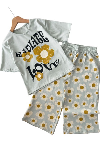 Love Papatya Baskılı Samuray Pantolonlu kız takım - Su Yeşili fiyatları