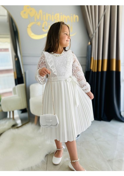 Dantel Detaylı Pileli Çanta ve Kolye Aksesuarlı kız abiye - Beyaz fiyatları