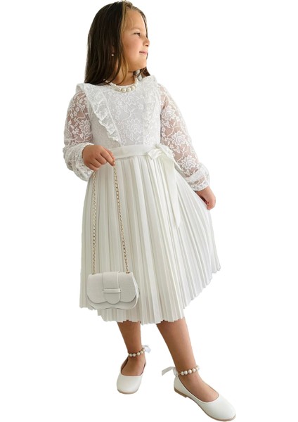Dantel Detaylı Pileli Çanta ve Kolye Aksesuarlı kız abiye - Beyaz indirimleri