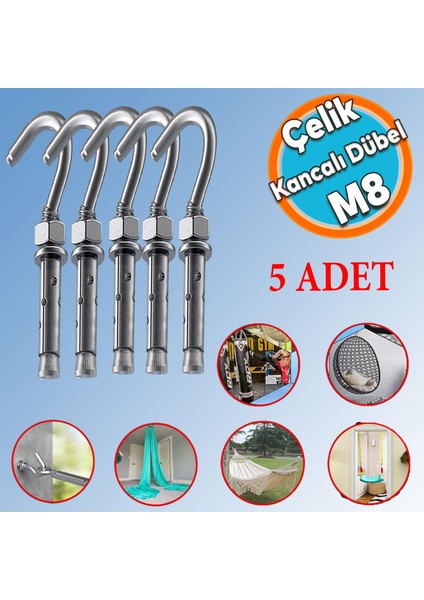 Kancalı Çelik Dübel M8 (5 Adet) Salıncak Boks Torbası Avize Için Gömlekli Açık Ağız Kanca