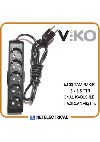 Multi-Let Siyah 5'li 15 Metre Topraklı Çocuk Korumalı Kablolu Grup Priz