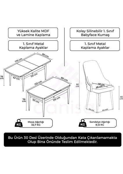 Tia Serisi, Beyaz MASA,80X132 Açılabilir Mdf Mutfak Masa Takımı 6 Sandalye Gümüş Detay