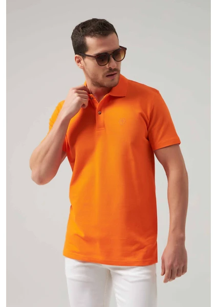 Regular Fit Turuncu Pike Dokulu %100 Pamuk Kıvrılmaz Polo Yaka Nakışlı T-shirt 4HC14ORT51000