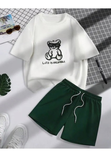 Özel Tasarım Life Is Yeşil Ayıcık Baskılı Modern Erkek Çocuk T-Shırt Şort Takımı
