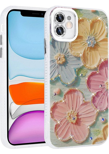iPhone 11 Kılıf Çiçek Desenli Parlak Taşlı Sert Silikon Garden Kılıf