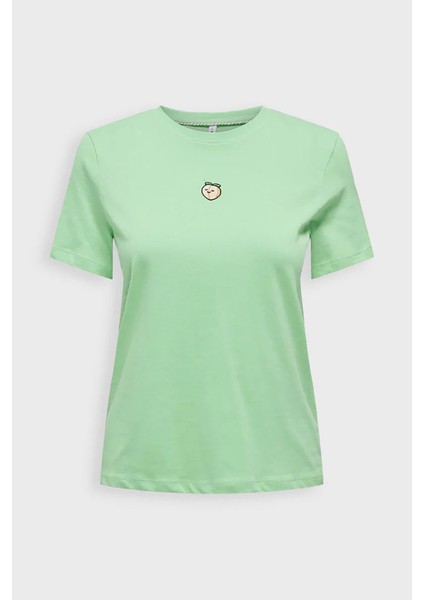 Kadın Onlfoodıe Baskı ve Yazı Detaylı Kısa Kol Pamuk T-Shirt 15316728 Yeşil