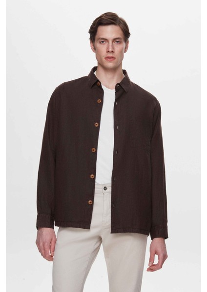 Comfort Fit Kahverengi Düz %100 Keten Gömlek Ceket 2HC04S2194850