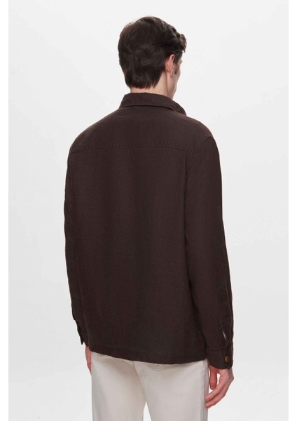 Comfort Fit Kahverengi Düz %100 Keten Gömlek Ceket 2HC04S2194850
