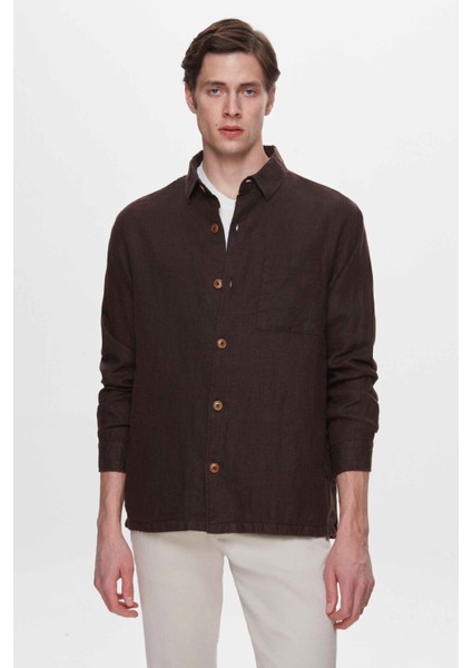 Comfort Fit Kahverengi Düz %100 Keten Gömlek Ceket 2HC04S2194850