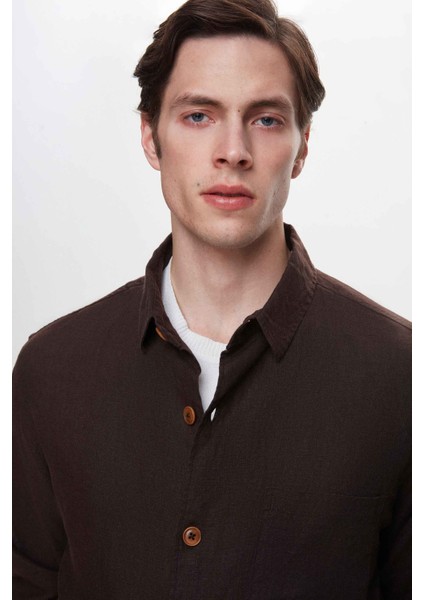 Comfort Fit Kahverengi Düz %100 Keten Gömlek Ceket 2HC04S2194850 fırsatları