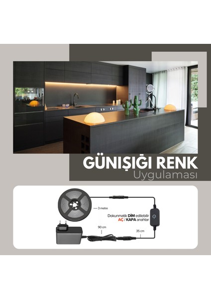 Amber LED 12V Yüksek Parlaklık 4040 Şerit LED Tak Çalıştır Hazır Set, 3 Metre Günışığı, Dokunmatik Aç-Kapa Dim edilebilir Anahtar ve Adaptör Dahil, Gizli Aydınlatma, Mutfak, Tezgah, Dolap İçi ve Ayna İçin