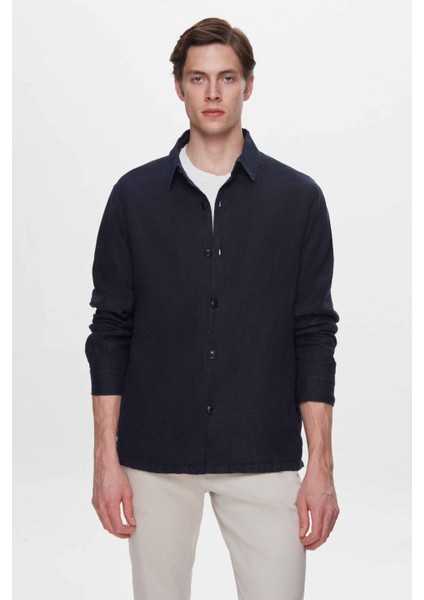 Comfort Fit Lacivert Düz %100 Keten Gömlek Ceket 2HC04S2194850
