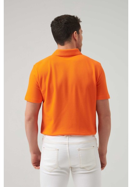 Regular Fit Turuncu Pike Dokulu %100 Pamuk Kıvrılmaz Polo Yaka Nakışlı T-shirt 4HC14ORT51000