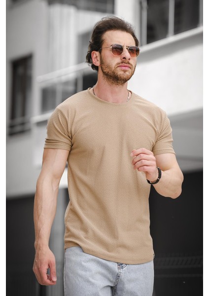 Ft 2454 Örgü Desenli Bisiklet Yaka Likralı Slim Fit Erkek Tshirt