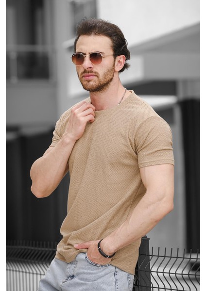 Ft 2454 Örgü Desenli Bisiklet Yaka Likralı Slim Fit Erkek Tshirt modelleri