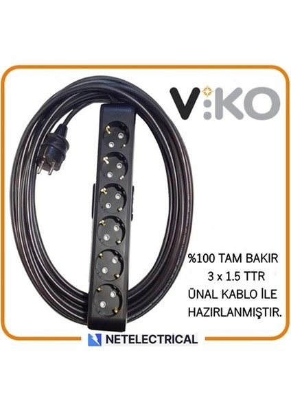 Multi-Let Siyah 6'lı 35 Metre Topraklı Çocuk Korumalı Kablolu Grup Priz