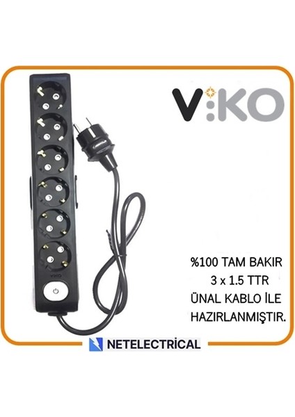 Multi-Let Siyah 6'lı Anahtarlı 4 Metre Topraklı Çocuk Korumalı Kablolu Grup Priz