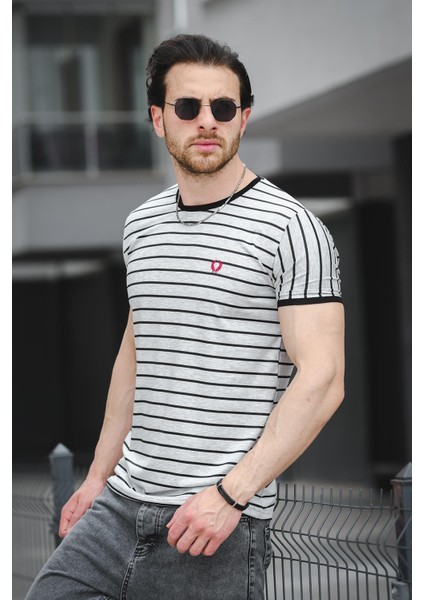 Ft 2444 Çizgili Bisiklet Yaka Likralı Slim Fit Erkek Tshirt