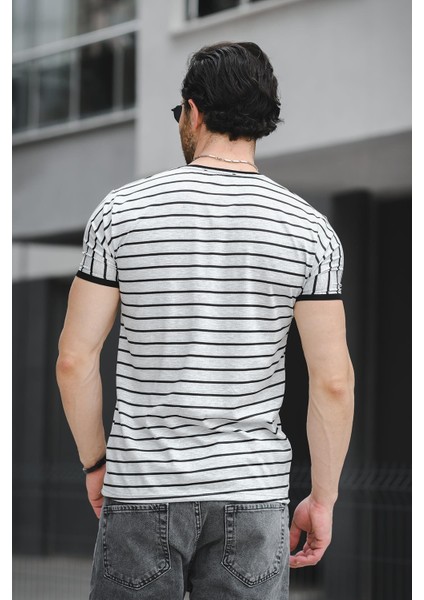 Ft 2444 Çizgili Bisiklet Yaka Likralı Slim Fit Erkek Tshirt