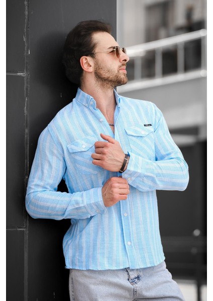 Yx 16794 Slim Fit Çift Cep Kapaklı Çizgili Erkek Gömlek